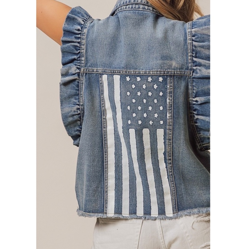 BiBi Denim Ruffle-Sleeve Vest with Star & Stripe Patchwork - Picture 4 of 4